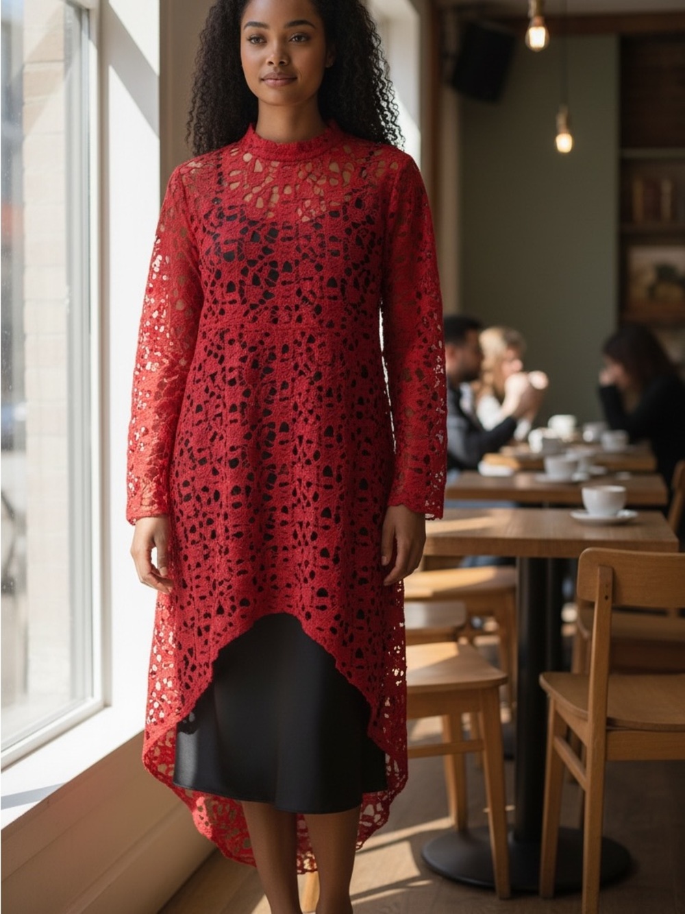 PrettyGarden Quiz Red Lace Dipped Hem Boho Top